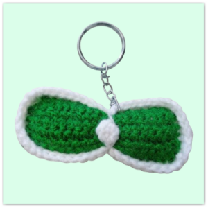 Handmade Crochet Keychain Ribbon Bow Green Front View